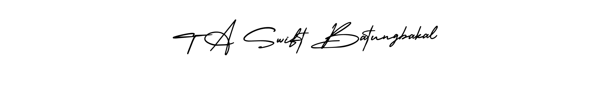 You should practise on your own different ways (AmerikaSignatureDemo-Regular) to write your name (T A Swift Batungbakal) in signature. don't let someone else do it for you. T A Swift Batungbakal signature style 3 images and pictures png