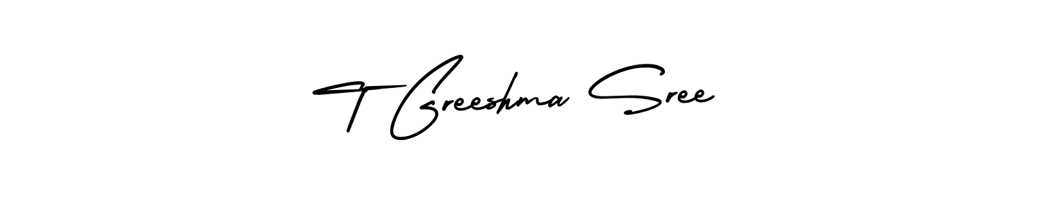 You should practise on your own different ways (AmerikaSignatureDemo-Regular) to write your name (T Greeshma Sree) in signature. don't let someone else do it for you. T Greeshma Sree signature style 3 images and pictures png