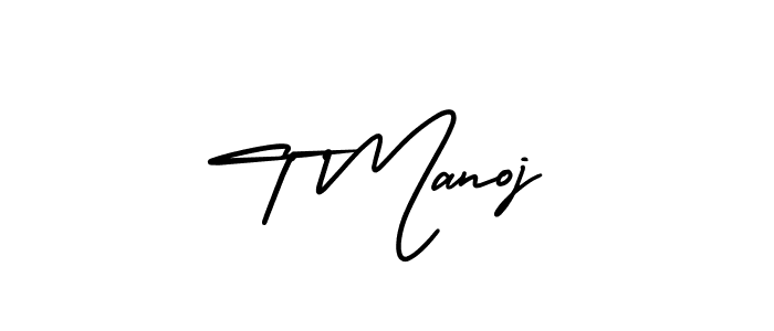 You should practise on your own different ways (AmerikaSignatureDemo-Regular) to write your name (T Manoj) in signature. don't let someone else do it for you. T Manoj signature style 3 images and pictures png