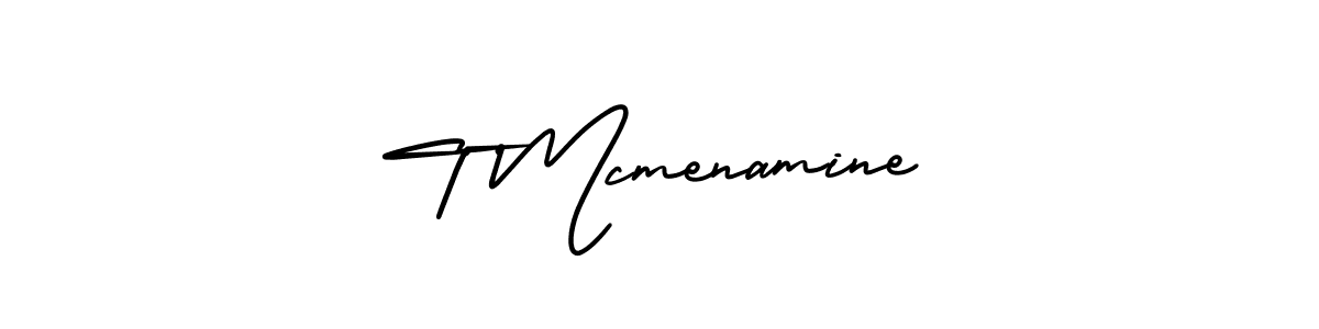The best way (AmerikaSignatureDemo-Regular) to make a short signature is to pick only two or three words in your name. The name T Mcmenamine include a total of six letters. For converting this name. T Mcmenamine signature style 3 images and pictures png
