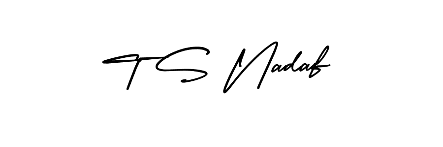 You should practise on your own different ways (AmerikaSignatureDemo-Regular) to write your name (T S Nadaf) in signature. don't let someone else do it for you. T S Nadaf signature style 3 images and pictures png