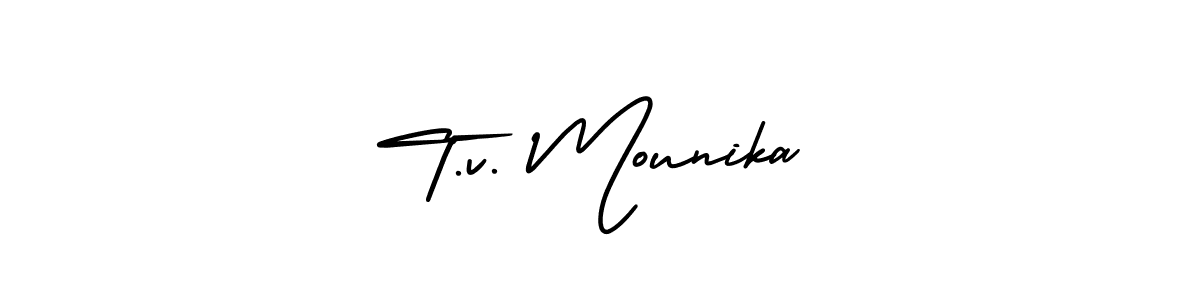 It looks lik you need a new signature style for name T.v. Mounika. Design unique handwritten (AmerikaSignatureDemo-Regular) signature with our free signature maker in just a few clicks. T.v. Mounika signature style 3 images and pictures png