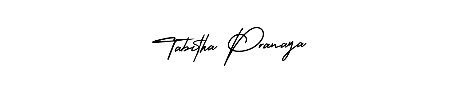 You should practise on your own different ways (AmerikaSignatureDemo-Regular) to write your name (Tabitha Pranaya) in signature. don't let someone else do it for you. Tabitha Pranaya signature style 3 images and pictures png