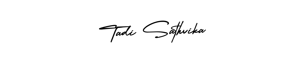 This is the best signature style for the Tadi Sathvika name. Also you like these signature font (AmerikaSignatureDemo-Regular). Mix name signature. Tadi Sathvika signature style 3 images and pictures png