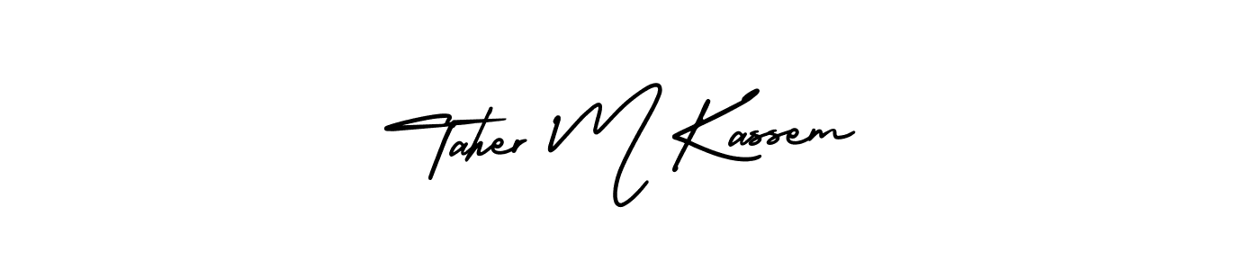 The best way (AmerikaSignatureDemo-Regular) to make a short signature is to pick only two or three words in your name. The name Taher M Kassem include a total of six letters. For converting this name. Taher M Kassem signature style 3 images and pictures png