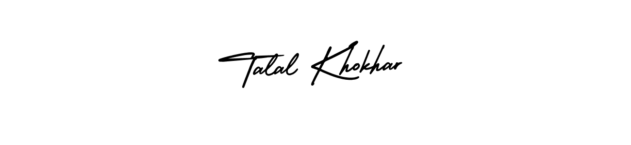 You should practise on your own different ways (AmerikaSignatureDemo-Regular) to write your name (Talal Khokhar) in signature. don't let someone else do it for you. Talal Khokhar signature style 3 images and pictures png