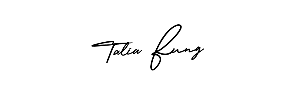 You should practise on your own different ways (AmerikaSignatureDemo-Regular) to write your name (Talia Fung) in signature. don't let someone else do it for you. Talia Fung signature style 3 images and pictures png