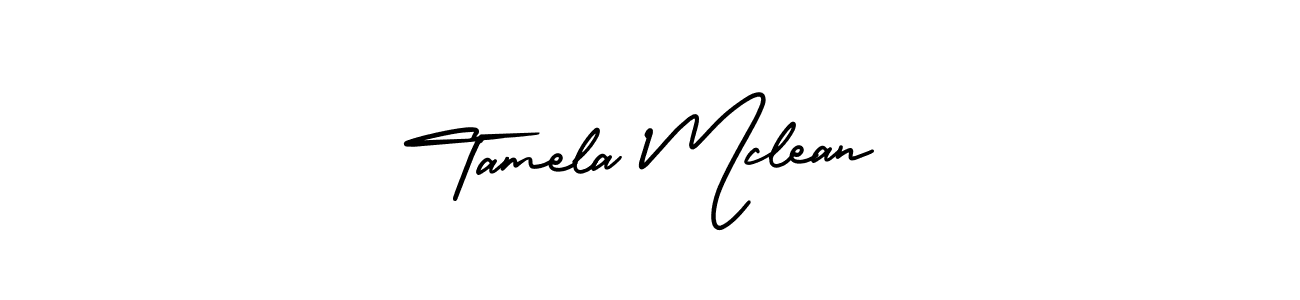 You should practise on your own different ways (AmerikaSignatureDemo-Regular) to write your name (Tamela Mclean) in signature. don't let someone else do it for you. Tamela Mclean signature style 3 images and pictures png
