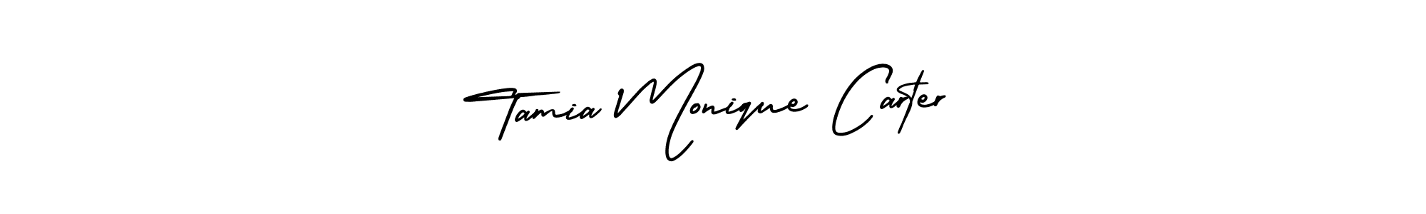 You should practise on your own different ways (AmerikaSignatureDemo-Regular) to write your name (Tamia Monique Carter) in signature. don't let someone else do it for you. Tamia Monique Carter signature style 3 images and pictures png