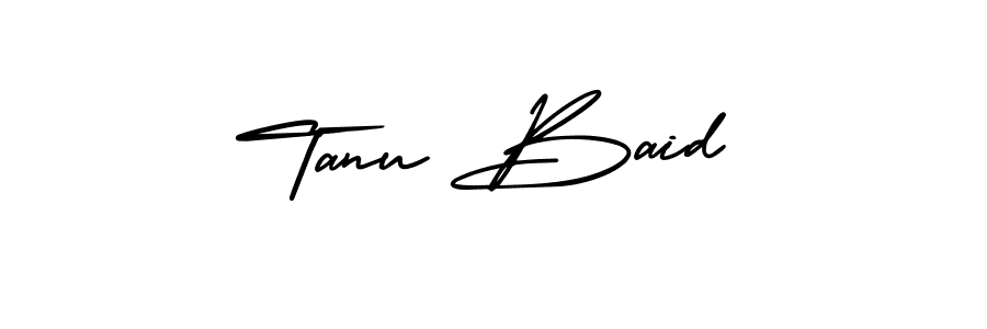You should practise on your own different ways (AmerikaSignatureDemo-Regular) to write your name (Tanu Baid) in signature. don't let someone else do it for you. Tanu Baid signature style 3 images and pictures png