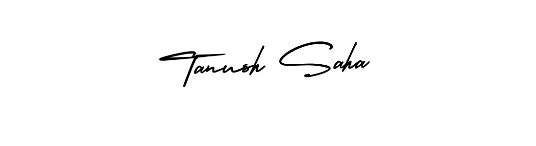 You should practise on your own different ways (AmerikaSignatureDemo-Regular) to write your name (Tanush Saha) in signature. don't let someone else do it for you. Tanush Saha signature style 3 images and pictures png