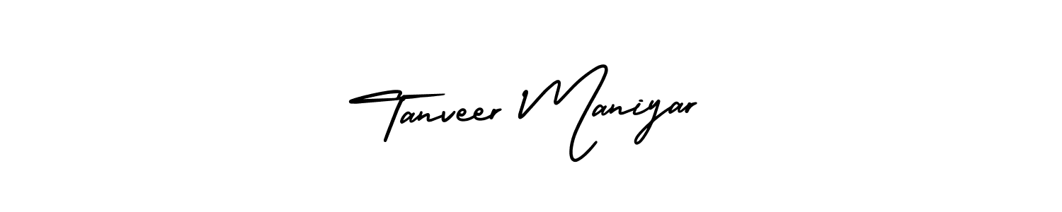 You should practise on your own different ways (AmerikaSignatureDemo-Regular) to write your name (Tanveer Maniyar) in signature. don't let someone else do it for you. Tanveer Maniyar signature style 3 images and pictures png