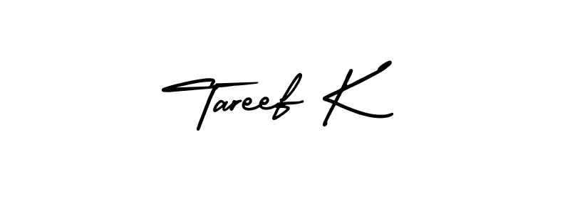 You should practise on your own different ways (AmerikaSignatureDemo-Regular) to write your name (Tareef K) in signature. don't let someone else do it for you. Tareef K signature style 3 images and pictures png