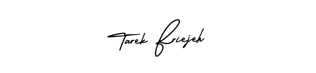 This is the best signature style for the Tarek Friejeh name. Also you like these signature font (AmerikaSignatureDemo-Regular). Mix name signature. Tarek Friejeh signature style 3 images and pictures png