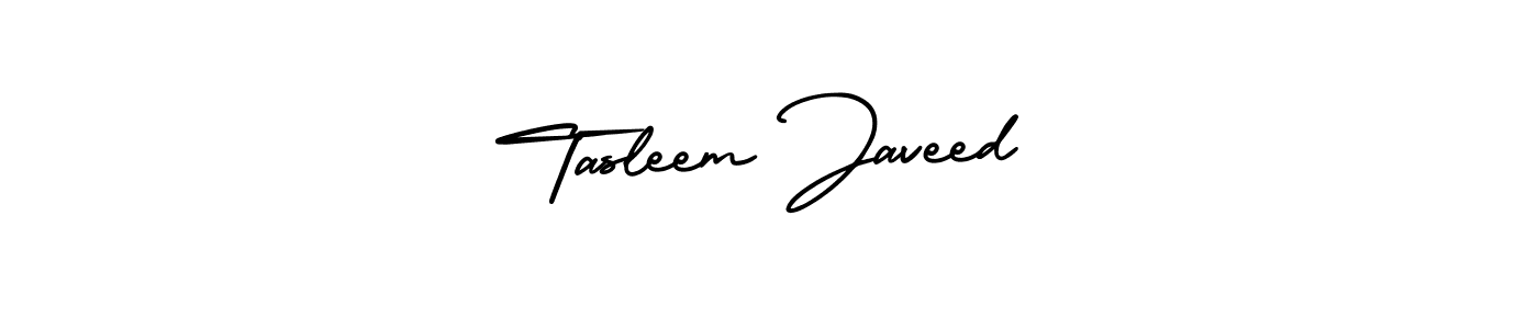 You should practise on your own different ways (AmerikaSignatureDemo-Regular) to write your name (Tasleem Javeed) in signature. don't let someone else do it for you. Tasleem Javeed signature style 3 images and pictures png