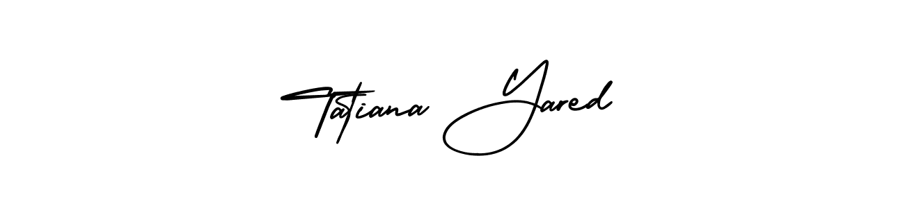 You should practise on your own different ways (AmerikaSignatureDemo-Regular) to write your name (Tatiana Yared) in signature. don't let someone else do it for you. Tatiana Yared signature style 3 images and pictures png