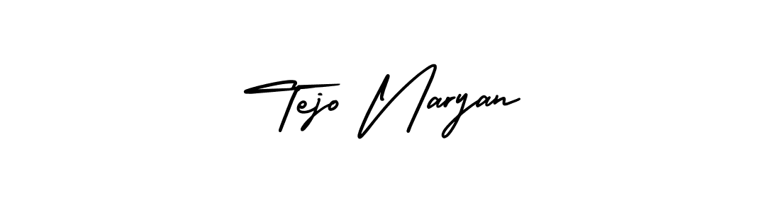 You should practise on your own different ways (AmerikaSignatureDemo-Regular) to write your name (Tejo Naryan) in signature. don't let someone else do it for you. Tejo Naryan signature style 3 images and pictures png