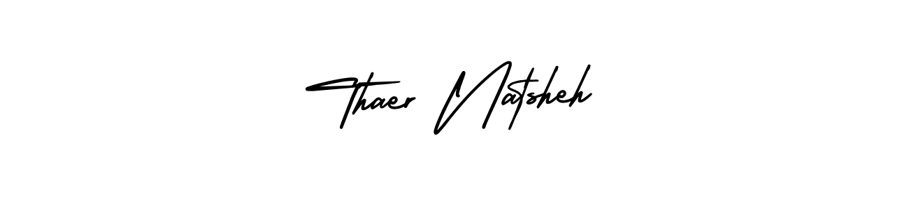 You should practise on your own different ways (AmerikaSignatureDemo-Regular) to write your name (Thaer Natsheh) in signature. don't let someone else do it for you. Thaer Natsheh signature style 3 images and pictures png
