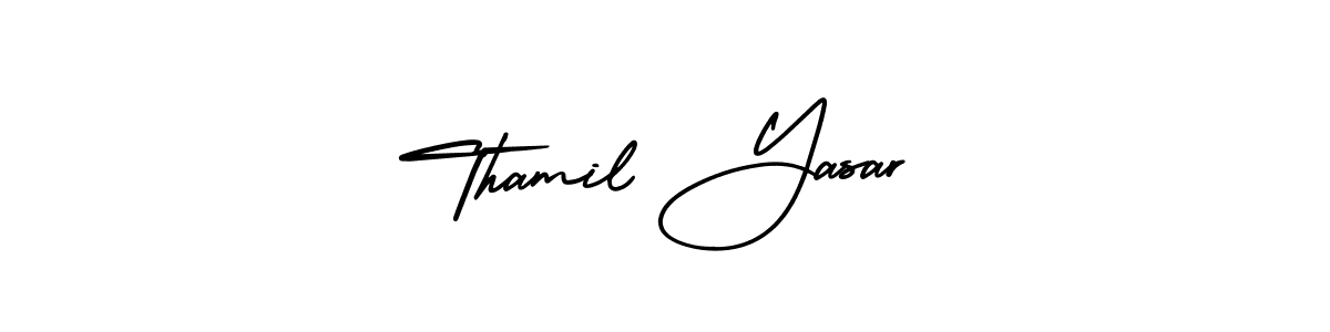 You should practise on your own different ways (AmerikaSignatureDemo-Regular) to write your name (Thamil Yasar) in signature. don't let someone else do it for you. Thamil Yasar signature style 3 images and pictures png