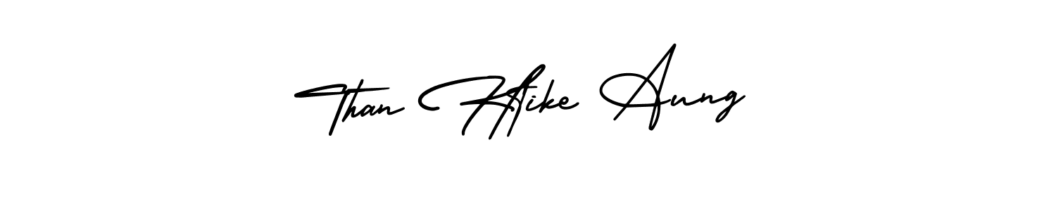 You should practise on your own different ways (AmerikaSignatureDemo-Regular) to write your name (Than Htike Aung) in signature. don't let someone else do it for you. Than Htike Aung signature style 3 images and pictures png
