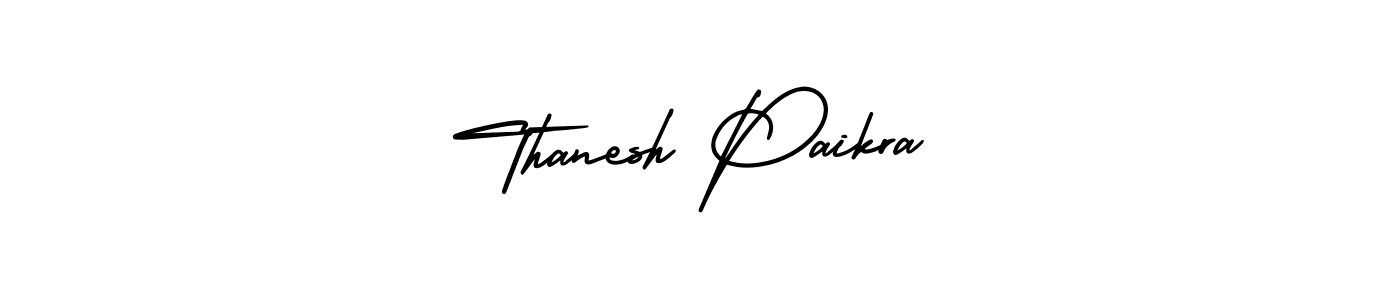 You should practise on your own different ways (AmerikaSignatureDemo-Regular) to write your name (Thanesh Paikra) in signature. don't let someone else do it for you. Thanesh Paikra signature style 3 images and pictures png