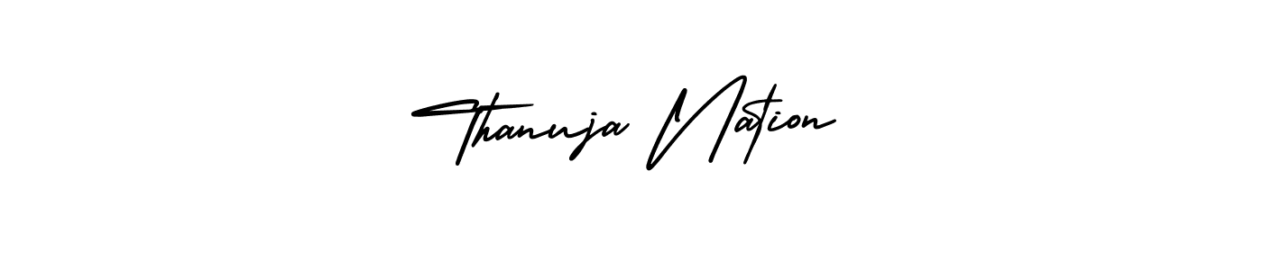 The best way (AmerikaSignatureDemo-Regular) to make a short signature is to pick only two or three words in your name. The name Thanuja Nation include a total of six letters. For converting this name. Thanuja Nation signature style 3 images and pictures png