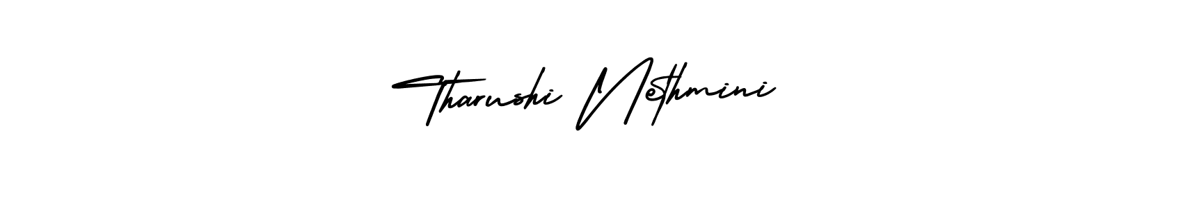 The best way (AmerikaSignatureDemo-Regular) to make a short signature is to pick only two or three words in your name. The name Tharushi Nethmini include a total of six letters. For converting this name. Tharushi Nethmini signature style 3 images and pictures png