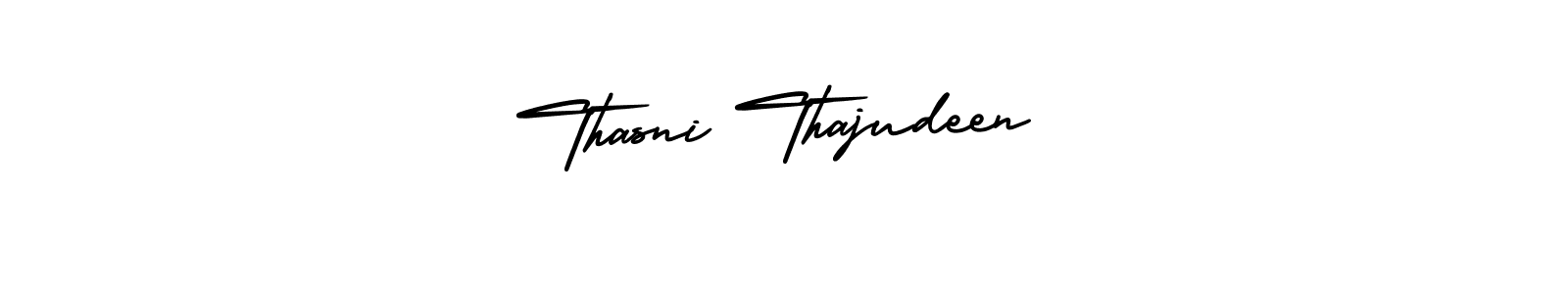 This is the best signature style for the Thasni Thajudeen name. Also you like these signature font (AmerikaSignatureDemo-Regular). Mix name signature. Thasni Thajudeen signature style 3 images and pictures png
