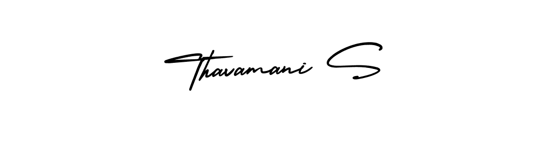 You should practise on your own different ways (AmerikaSignatureDemo-Regular) to write your name (Thavamani S) in signature. don't let someone else do it for you. Thavamani S signature style 3 images and pictures png