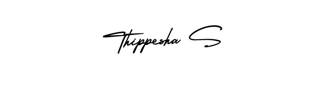 You should practise on your own different ways (AmerikaSignatureDemo-Regular) to write your name (Thippesha S) in signature. don't let someone else do it for you. Thippesha S signature style 3 images and pictures png