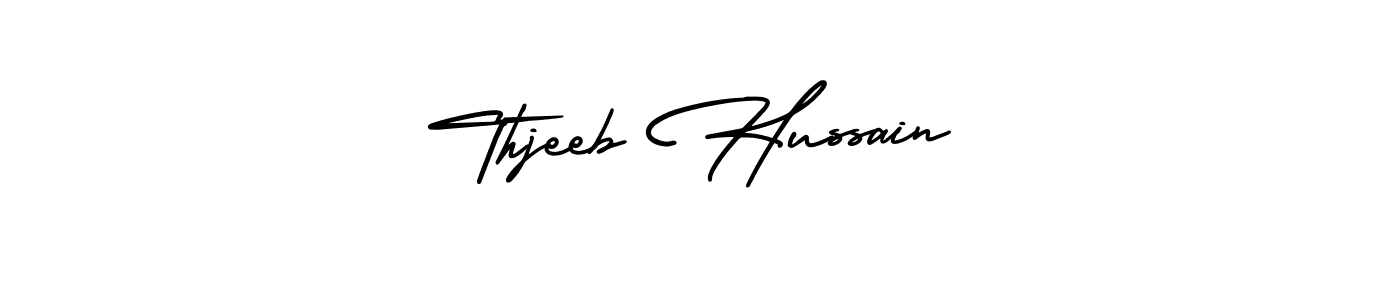 The best way (AmerikaSignatureDemo-Regular) to make a short signature is to pick only two or three words in your name. The name Thjeeb Hussain include a total of six letters. For converting this name. Thjeeb Hussain signature style 3 images and pictures png