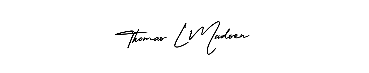 The best way (AmerikaSignatureDemo-Regular) to make a short signature is to pick only two or three words in your name. The name Thomas L Madsen include a total of six letters. For converting this name. Thomas L Madsen signature style 3 images and pictures png