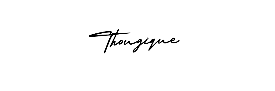 You should practise on your own different ways (AmerikaSignatureDemo-Regular) to write your name (Thougique) in signature. don't let someone else do it for you. Thougique signature style 3 images and pictures png