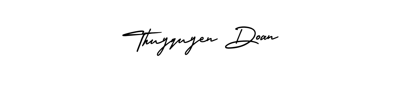 You should practise on your own different ways (AmerikaSignatureDemo-Regular) to write your name (Thuyquyen Doan) in signature. don't let someone else do it for you. Thuyquyen Doan signature style 3 images and pictures png