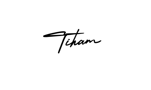 You should practise on your own different ways (AmerikaSignatureDemo-Regular) to write your name (Tiham) in signature. don't let someone else do it for you. Tiham signature style 3 images and pictures png