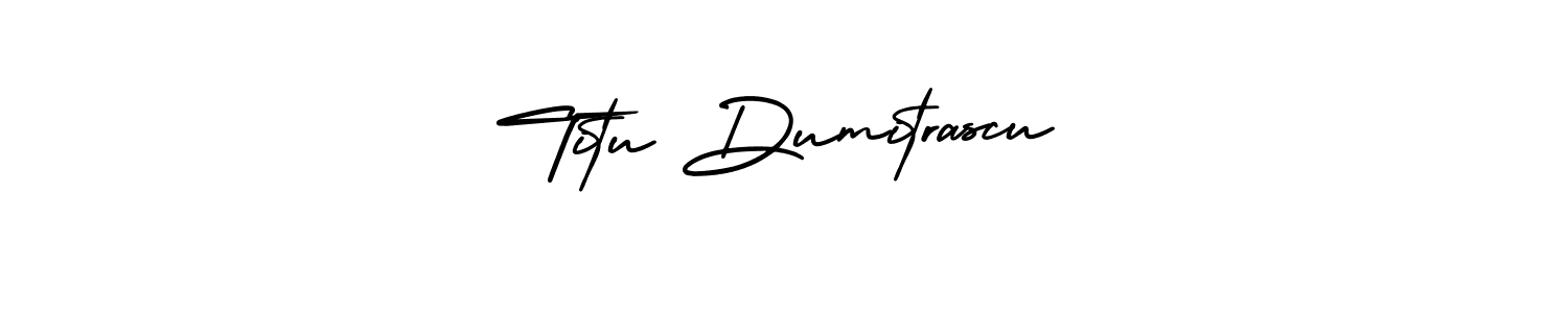 You should practise on your own different ways (AmerikaSignatureDemo-Regular) to write your name (Titu Dumitrascu) in signature. don't let someone else do it for you. Titu Dumitrascu signature style 3 images and pictures png