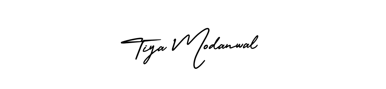 You should practise on your own different ways (AmerikaSignatureDemo-Regular) to write your name (Tiya Modanwal) in signature. don't let someone else do it for you. Tiya Modanwal signature style 3 images and pictures png