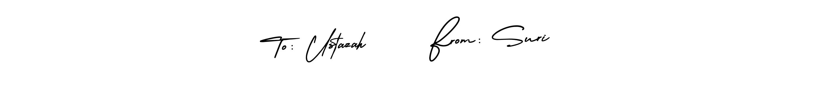 You can use this online signature creator to create a handwritten signature for the name To: Ustazah      From: Suri . This is the best online autograph maker. To: Ustazah      From: Suri  signature style 3 images and pictures png