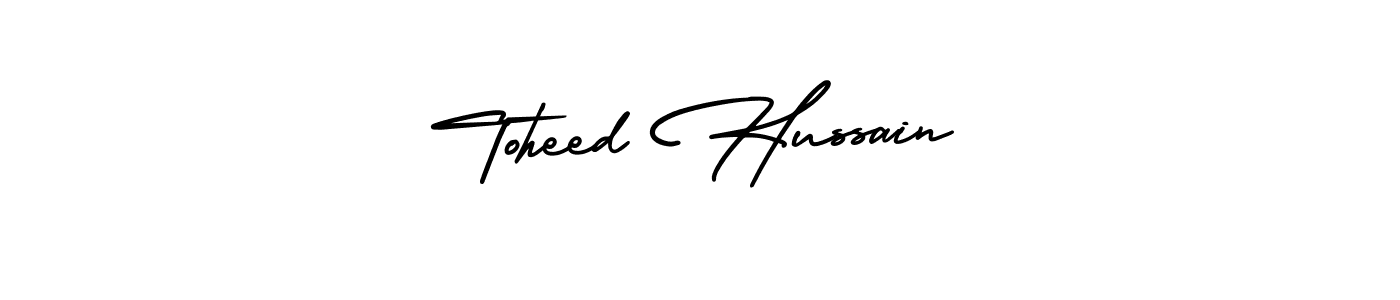 The best way (AmerikaSignatureDemo-Regular) to make a short signature is to pick only two or three words in your name. The name Toheed Hussain include a total of six letters. For converting this name. Toheed Hussain signature style 3 images and pictures png