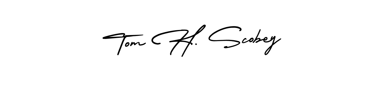 You should practise on your own different ways (AmerikaSignatureDemo-Regular) to write your name (Tom H. Scobey) in signature. don't let someone else do it for you. Tom H. Scobey signature style 3 images and pictures png