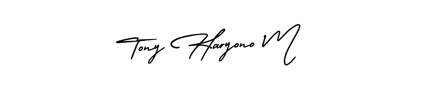 You should practise on your own different ways (AmerikaSignatureDemo-Regular) to write your name (Tony Haryono M) in signature. don't let someone else do it for you. Tony Haryono M signature style 3 images and pictures png