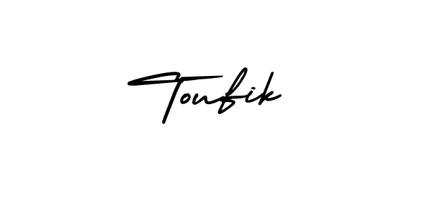 You should practise on your own different ways (AmerikaSignatureDemo-Regular) to write your name (Toufik) in signature. don't let someone else do it for you. Toufik signature style 3 images and pictures png