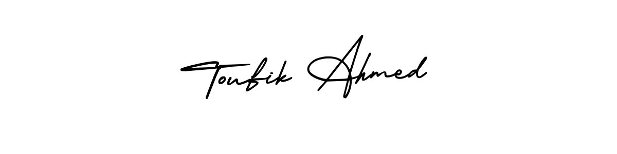 You should practise on your own different ways (AmerikaSignatureDemo-Regular) to write your name (Toufik Ahmed) in signature. don't let someone else do it for you. Toufik Ahmed signature style 3 images and pictures png