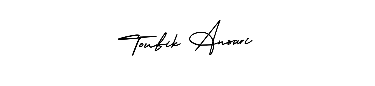 You should practise on your own different ways (AmerikaSignatureDemo-Regular) to write your name (Toufik Ansari) in signature. don't let someone else do it for you. Toufik Ansari signature style 3 images and pictures png