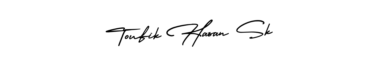 You should practise on your own different ways (AmerikaSignatureDemo-Regular) to write your name (Toufik Hasan Sk) in signature. don't let someone else do it for you. Toufik Hasan Sk signature style 3 images and pictures png