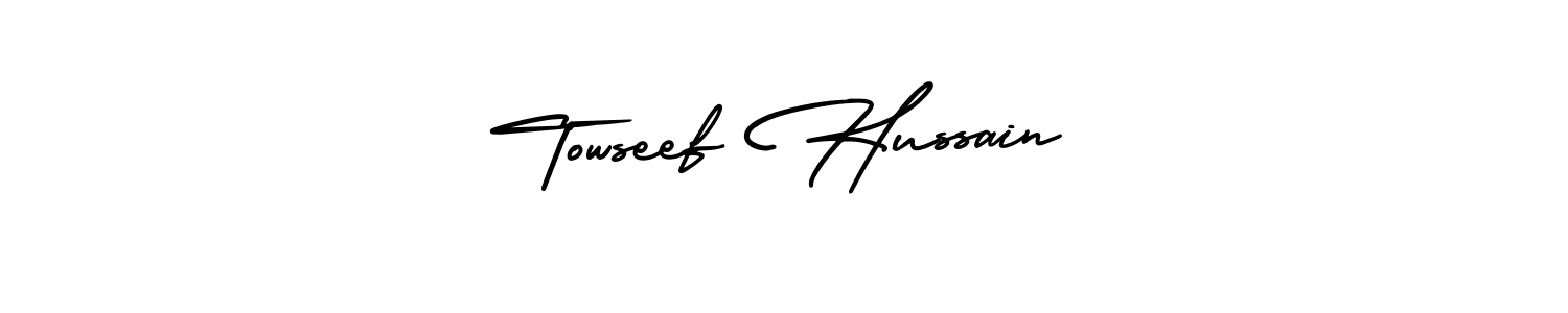 The best way (AmerikaSignatureDemo-Regular) to make a short signature is to pick only two or three words in your name. The name Towseef Hussain include a total of six letters. For converting this name. Towseef Hussain signature style 3 images and pictures png