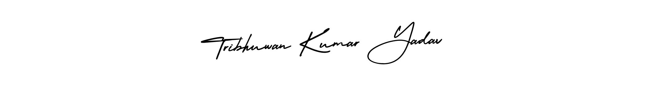 You should practise on your own different ways (AmerikaSignatureDemo-Regular) to write your name (Tribhuwan Kumar Yadav) in signature. don't let someone else do it for you. Tribhuwan Kumar Yadav signature style 3 images and pictures png