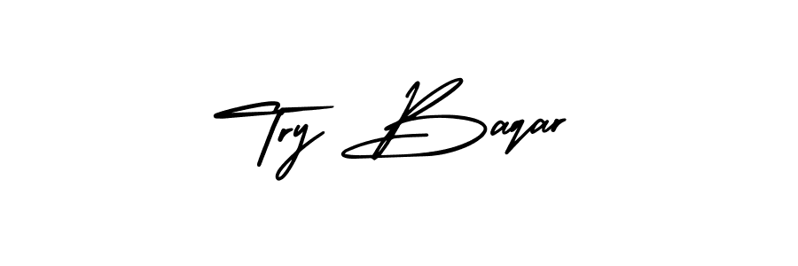 You should practise on your own different ways (AmerikaSignatureDemo-Regular) to write your name (Try Baqar) in signature. don't let someone else do it for you. Try Baqar signature style 3 images and pictures png