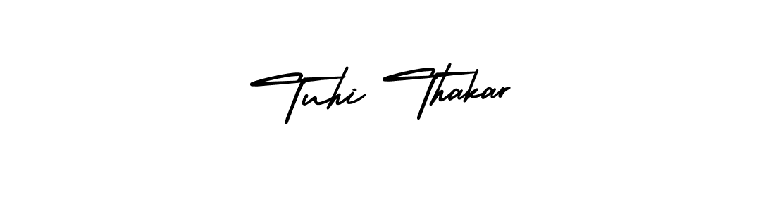 The best way (AmerikaSignatureDemo-Regular) to make a short signature is to pick only two or three words in your name. The name Tuhi Thakar include a total of six letters. For converting this name. Tuhi Thakar signature style 3 images and pictures png