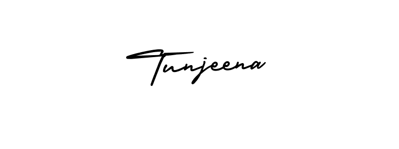 You should practise on your own different ways (AmerikaSignatureDemo-Regular) to write your name (Tunjeena) in signature. don't let someone else do it for you. Tunjeena signature style 3 images and pictures png